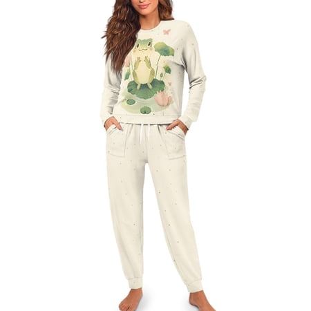 SCRAWLGOD Frog Long Sleeve Pajamas for Women Set Long Sleeve Pj Woman Loungewear Size M Drawstring Pjs with Pockets Elastic Jogger Pajama Sets for Women 2 Piece