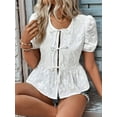 thumbnail image 5 of Women'S Floral Embroidery Short Puff Sleeve Blouse Tie Front Babydoll Peplum Tops White S, 5 of 7