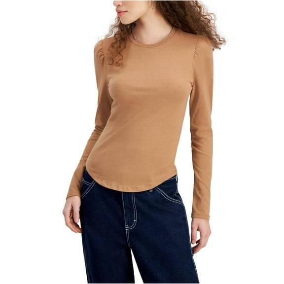 Derek Heart Womens Crewneck Puff Shoulder Basic T-Shirt, Brown, Juniors, Medium