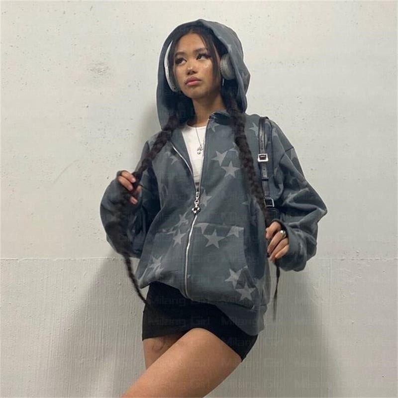 Y2K Aesthetic Grunge Hoodies for Women Vintage Star Print Long Sleeve Zip Up Sweatshirt Autumn Spring Outerwear Walmart