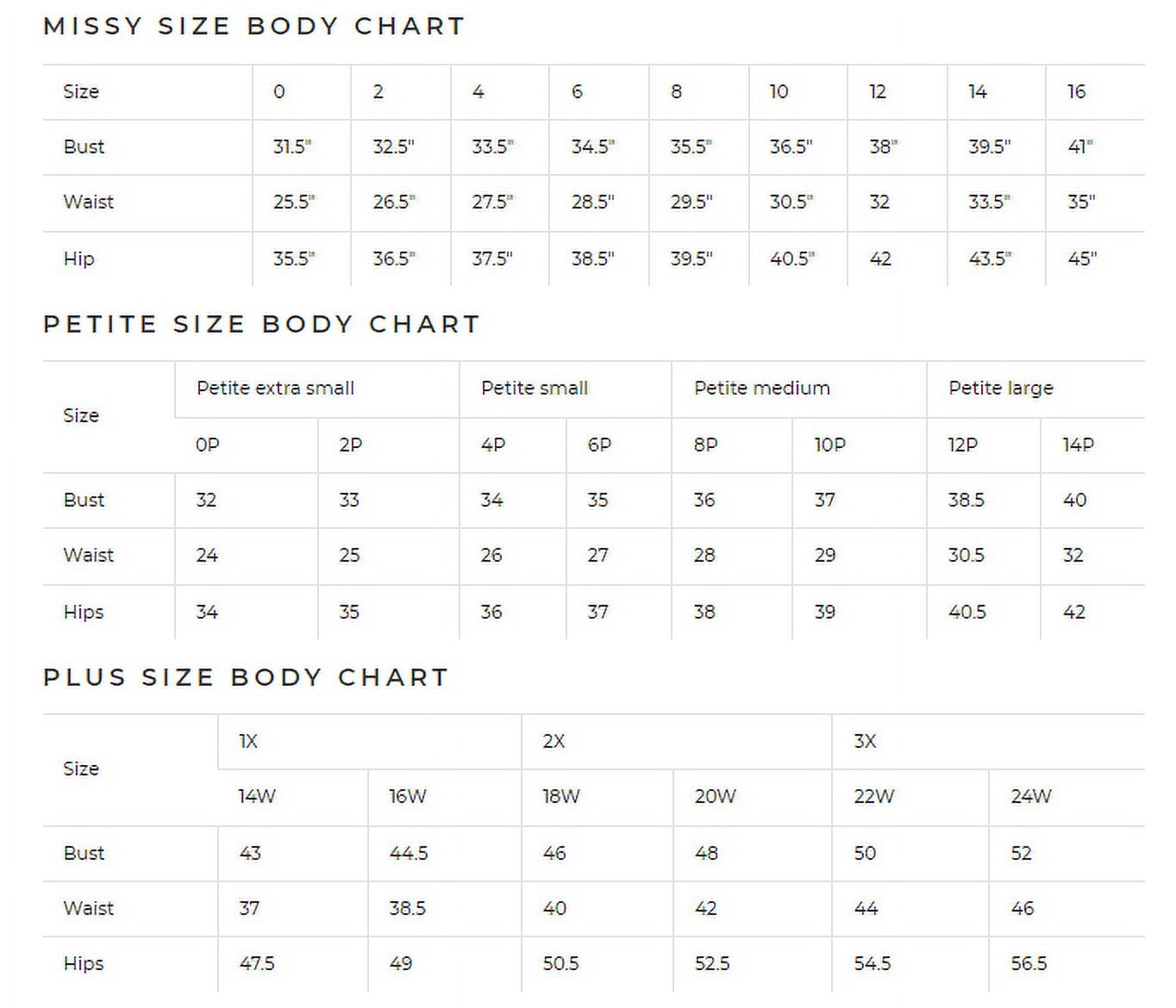 Xscape Size Chart