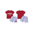 thumbnail image 2 of AceBaby 4th of July Outfit for Boys at 6M-4Y Letter Embroidery Short Sleeve Round Neck T-Shirt and Stripe Shorts 2Pcs Set, 2 of 9