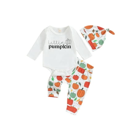 

Qtinghua Newborn Baby Boy Halloween Clothes Long Sleeve Letter Print Romper with Pumpkin Print Pants and Hat Outfits White 3-6 Months