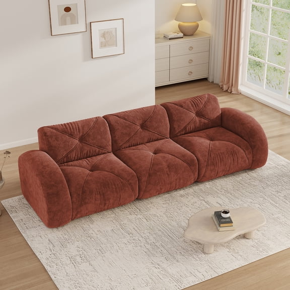 Aukfa Velvet Tufted Modular Sectional Sofa, 110" Wide 3-Seater Deep Seat Boneless Couch for Living Room, Red