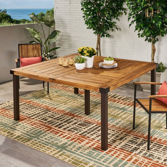 64 Inch Acacia Wood Dining Table, Modern Industrial Slat Top Outdoor Patio Table with Metal Legs for Dining Room and Garden