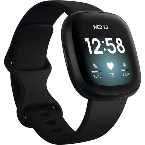 Fitbit Versa (3ème Génération) Smartwatch Boîtier en Aluminium Carbone avec Bande Noire, Taille Unique (Bandes S & L Incluses) Boîte Ouverte