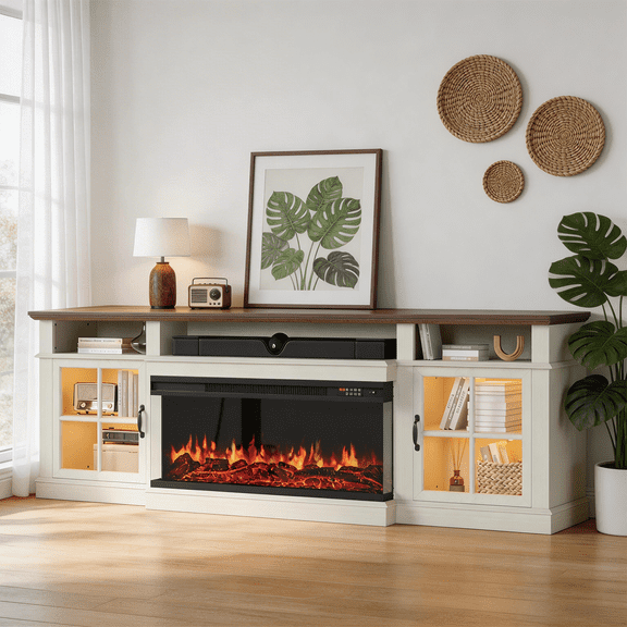 BaPiPro 80" Farmhouse Fireplace TV Stand for TVs Up to 90", Entertainment Center with 3-Sided 36" Electric Fireplace & LED Lights, 2 Drawers & 2 Storage Cabinet, White