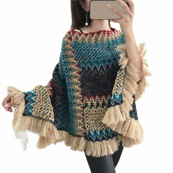 Skymirror Women Cape Coat Knitted Tassel Autumn Winter V Neck Colorful Irregular Hem Cloak Coat Sweater for Daily Wear