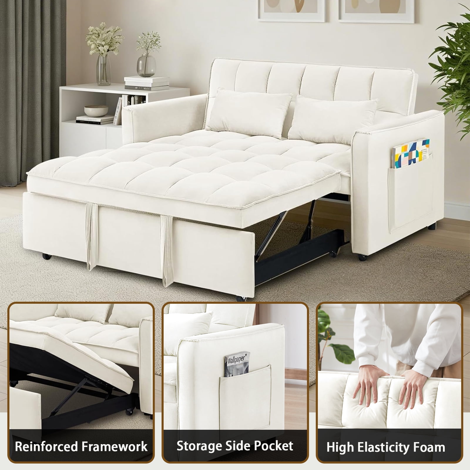 EPOWP 3 in 1 Folding Convertible Sofa Bed,55'' Pull Out Couch Bed with Side Pocket,Velvet Fabric Loveseat Sleeper Sofa with Adjustable Backrest,Easy Assembly,Perfect for Living Room,Off White