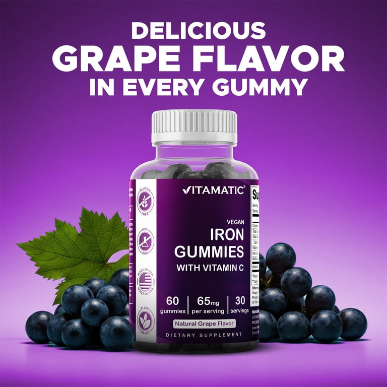 Vitamatic Iron Gummies 65 mg with Vitamin C Vegan Grape Flavor for