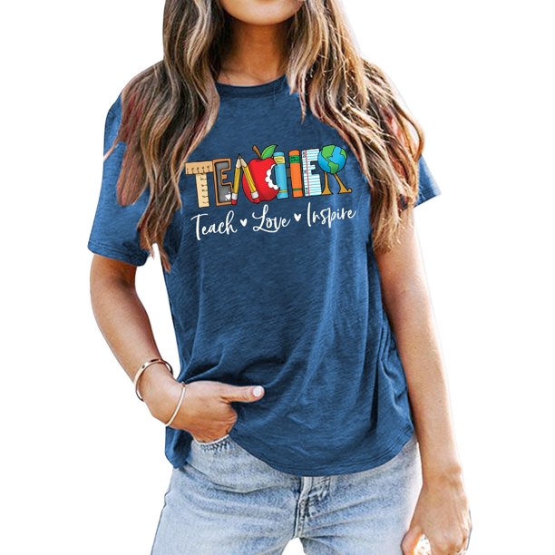 Teach T Shirt for Women Teacher Graphic Tees Tops Teach Inspire Letter