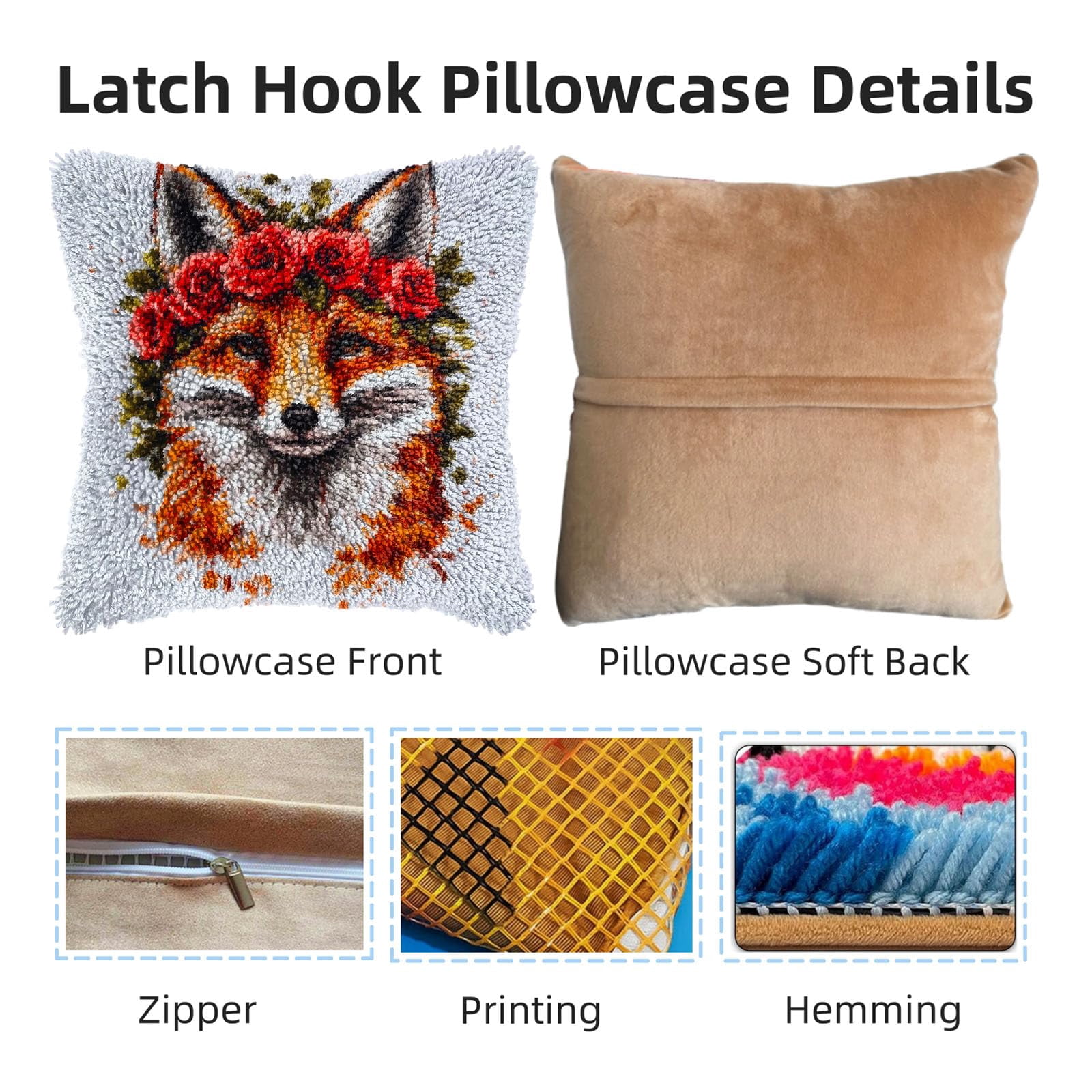 DIY Latch Hook Pillow Kits Fox with Roses in Hair Printed Pillowcase Crochet Yarns Hooking Handmade Pillow Cover Cushion for Home Sofa Decoration 17x17inch-3