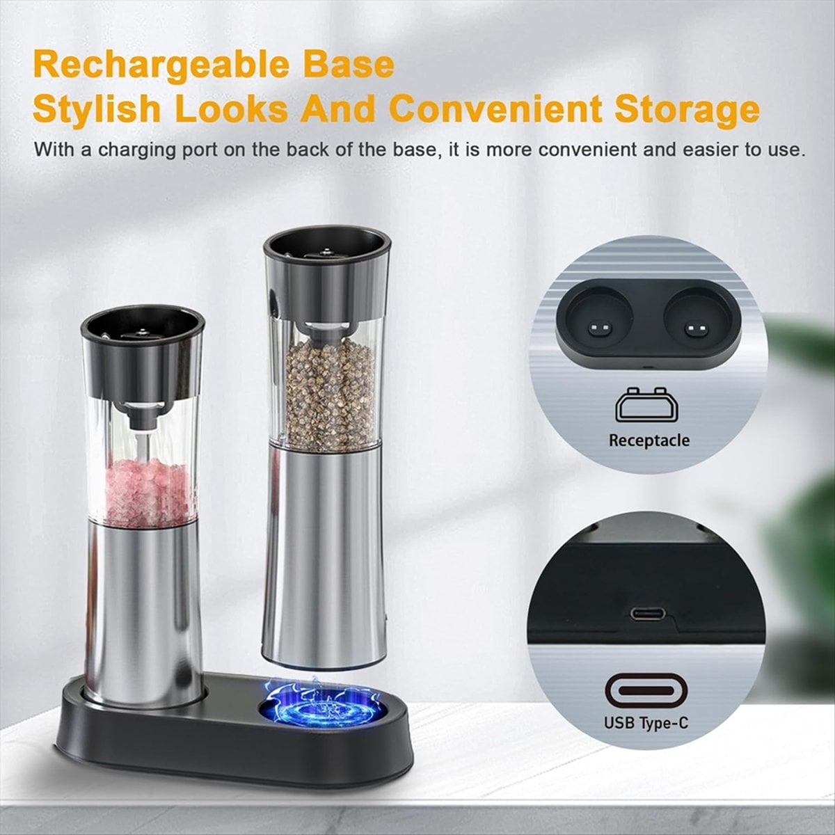 Electric Salt and Pepper Grinder Set Rechargeable Automatic Grinder with Charging Base LED Light, Adjustable Coarseness
