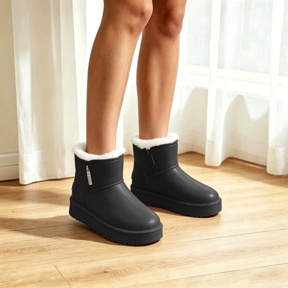 Viluyesy Womens Ankle Snow Boots Round Toe Thick Platform Sole Plush Lined Side Zipper Casual Winter Outdoor Boots Black Size 7