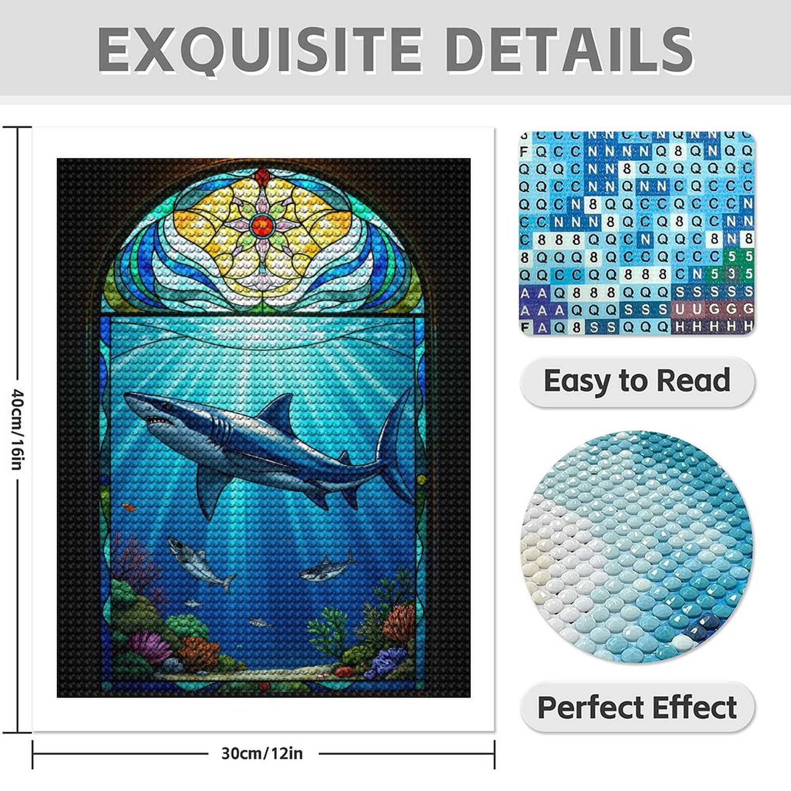 Diamond Art Kit for Adults, Shark Stained Glass Ocean Scene Diamond Painting for Adults Beginners, DIY Diamond Art Painting Kits, 5D Diamond Painting Crafts for Home Decor 12x16 Frameless