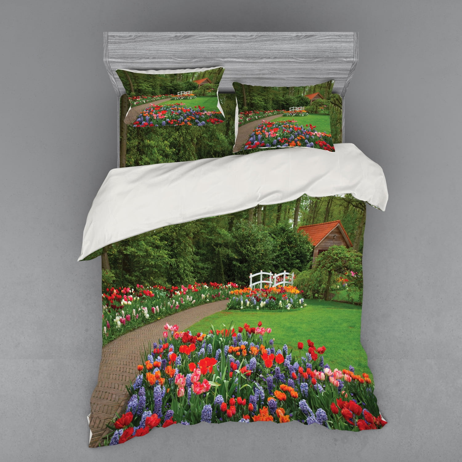 Garden Duvet Cover Set, Spring Garden with Forest Hut Small Bridge