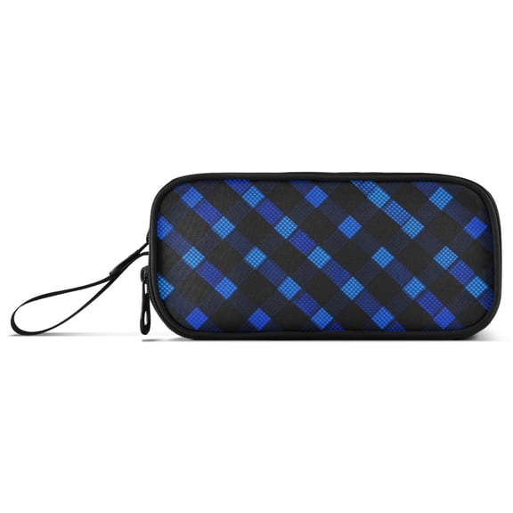Dark Blue and Black Color Plaids Pattern Pencil Case Stationary Holder Pen Bag Pencil Pouch Tool Organizer 3 Compartments