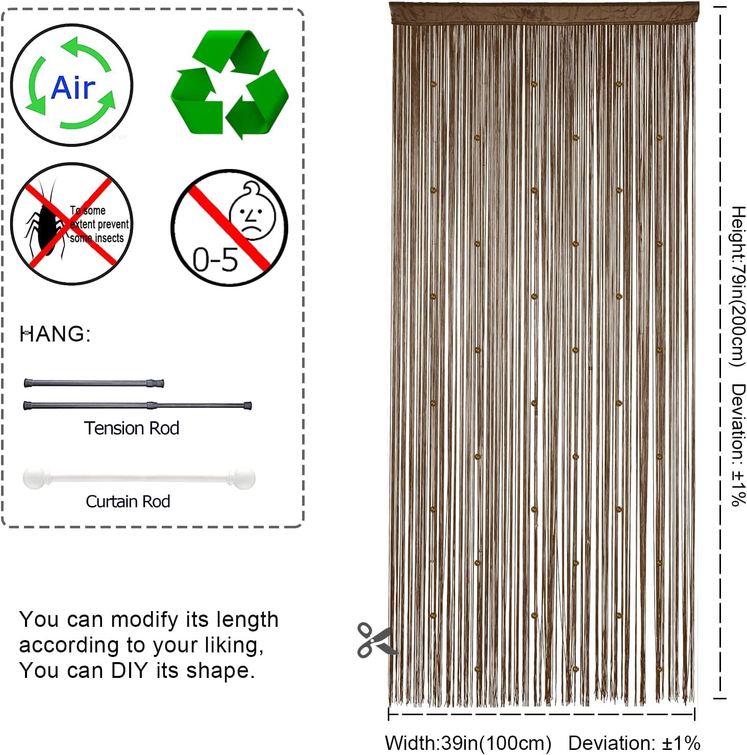 UniVerse Beaded Curtain Beaded Curtains for Doorways Crystals Suitable for Interior Hanging Decoration and Partitions Closet Curtains (39"x79", Coffee)
