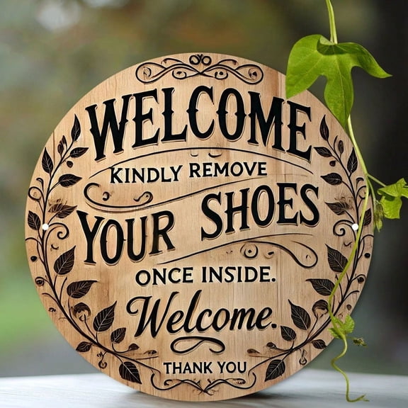 HELLOYOUNG Vintage Aluminum Welcome Sign 7.8 Inch Round Rustic Remove Your Shoes Please Wall Decor for Home Entryway Apartment