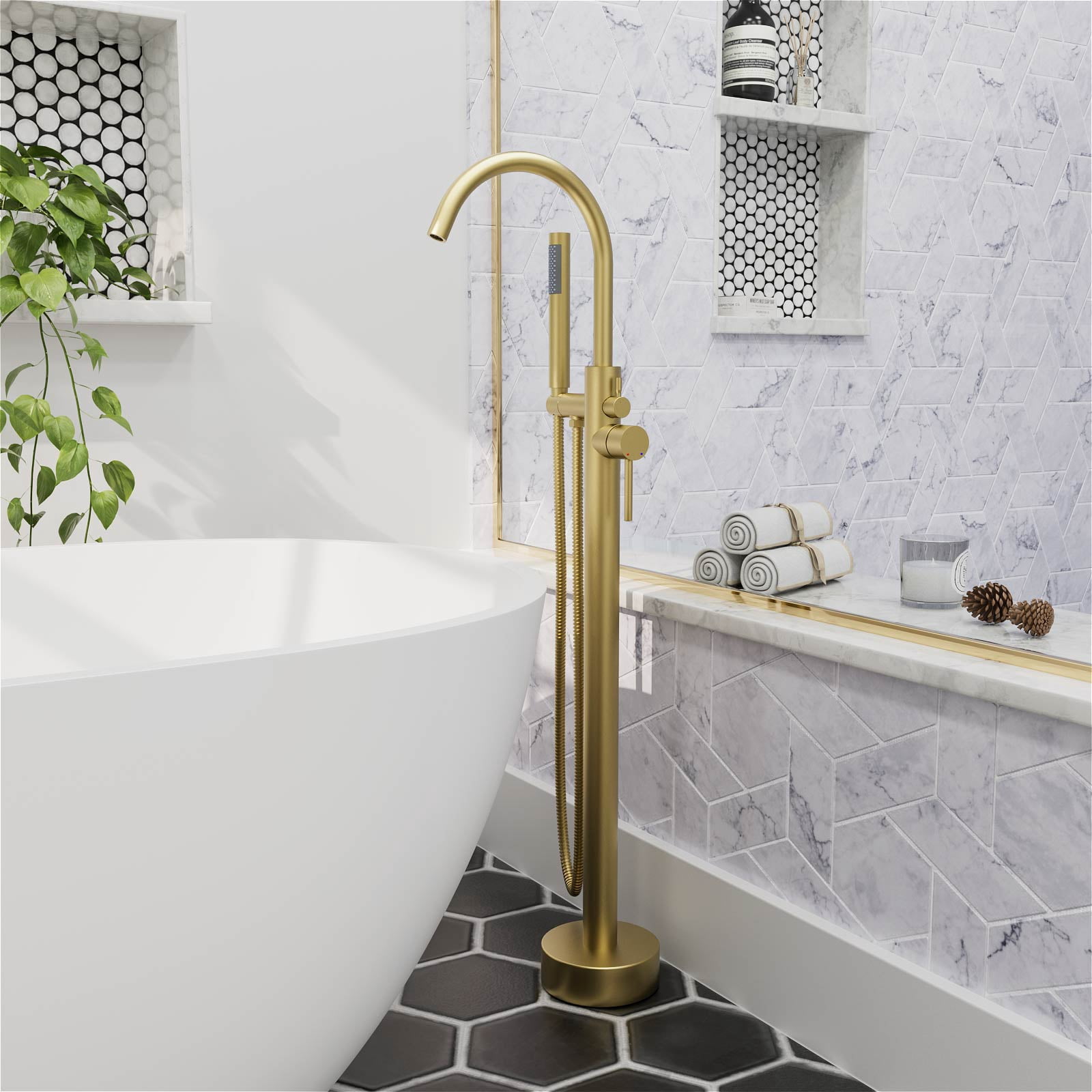 GT Freestanding Tub Faucet, High Flow Independent Free Standing Bathtub Faucet with Handheld Shower & Gooseneck Spout, 360°Swivel Tub Filler, Brass Body, Brushed Gold