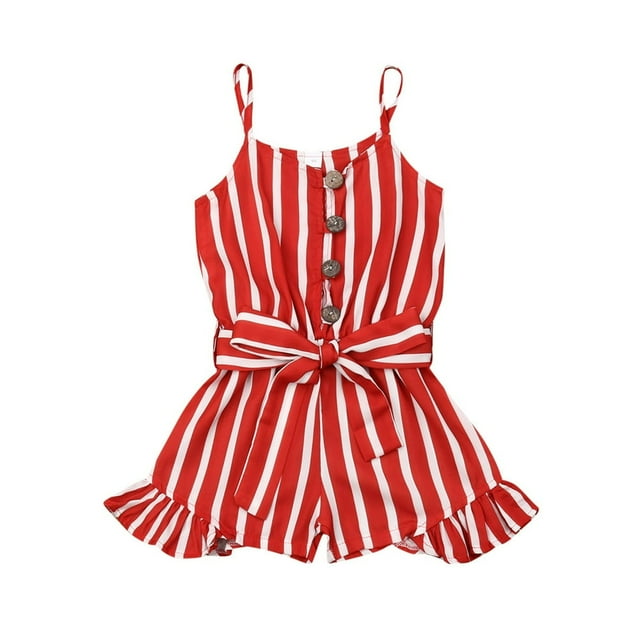 Combinaison Sans Manches pour Fille avec Ceinture Rouge Pantalon Court Ample Rayé Combinaisons Décontractées