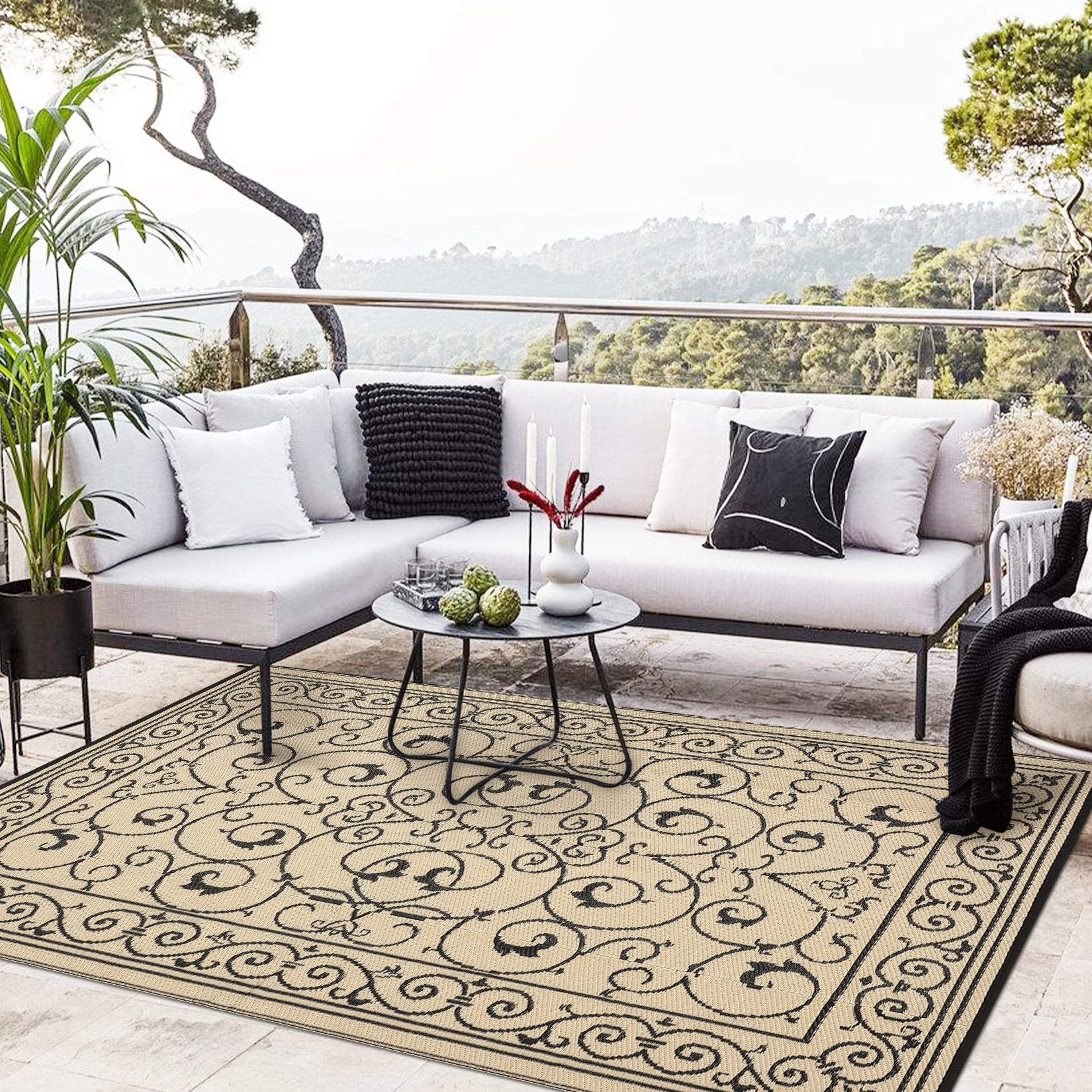Hasoo 9' x 18' Black/Brown Outdoor Rug for Patio Decor Waterproof Plastic Straw Modern Geometric Floral Carpet PP Tube Woven Portable Camping Mat for Picnic Balcony