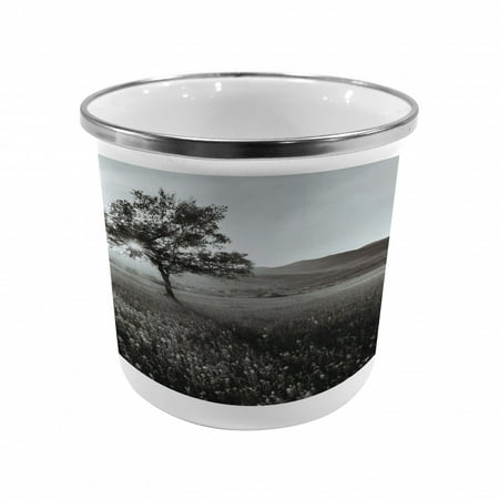

Black and White Steel Camping Mug Lonely Tree in the Rural Landscape Nature Hills and Outdoors Illustration Printed Thermal Cup for Camping and Outdoor Activities by Ambesonne