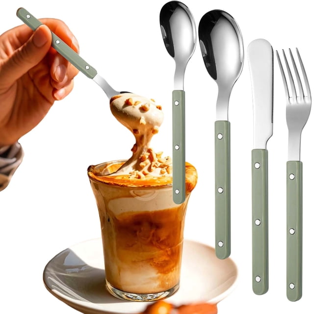 Yuehao 4 Pcs Stainless Steel Cutlery Set, French Style Flatware with Colorful Handles, Dishwasher Safe fork and Spoon Set for Home, Restaurant, and Outdoor Dining (Green)