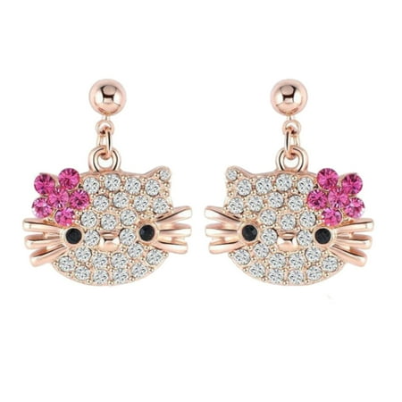 Lampwork Crystal Silver Earrings - Hello Kitty Design Heavy Silver Plated Crystal Dangle Girl Woman Earrings, J-18