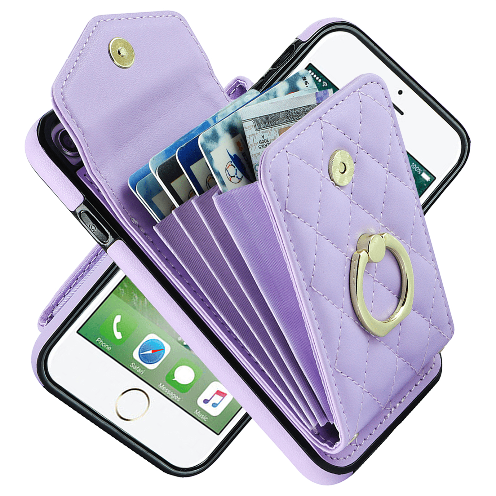 Asuwish Wallet RFID Blocking PU Leather Cell Phone Case with Tempered Glass Screen Protector, Wrist Strap for iPhone 7/8, Purple