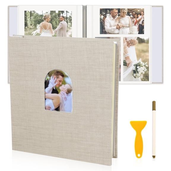 Photo Album Self Adhesive, Scrapbook Album 4x6 6x8 Pictures, 40 Pages Photo Book, Linen Cover Memory Book with Display Window, Pen and Scraper, for Baby Wedding Family Travel, Beige, 9"x10"