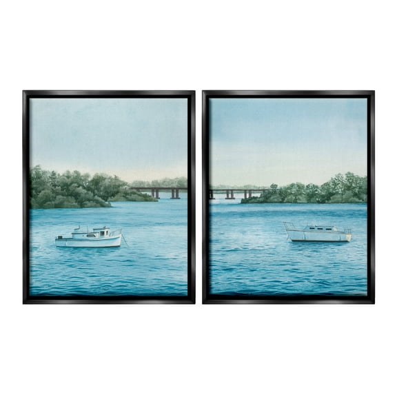 Stupell Industries Serene Summer Boats Landscape Painting Black Floater Framed Canvas Art Print Wall Art, 17 x 21, Set of 2