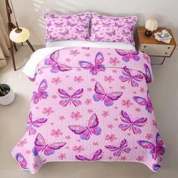 Erosebridal Cute Butterfly Twin Quilt Set,Cherry Blossom Floral Twin Coverlet Set For Girls,2pcs