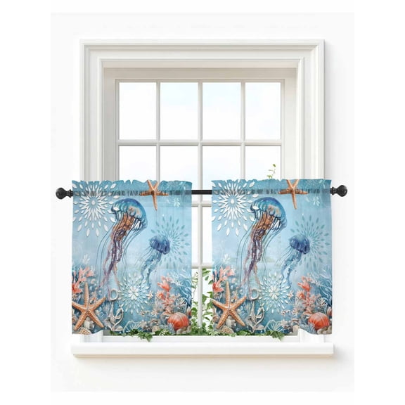 Blue Coastal Jellyfish Tier Curtains 36 Inch Length,Sheer Curtains for Bedroom Living Room Window Summer Beach Starfish Botanical Small Half Window Kitchen Curtains & Drapes 27.5"x36" 2 Panels