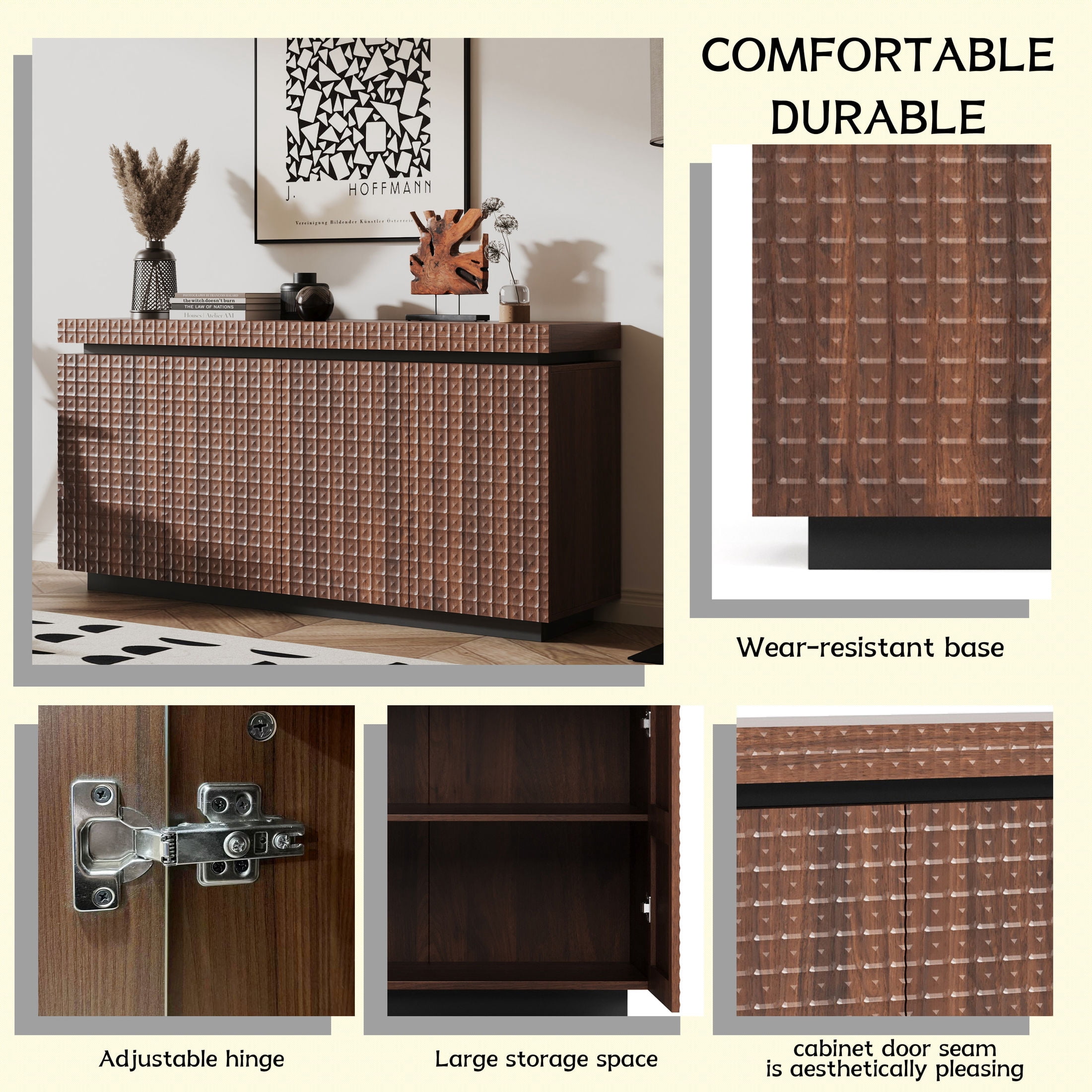 Noble House Dyani 58.3" Modern Accent Storage Sideboard with Fold-Out Doors, Kitchen Buffet Cabinet, Antique Brown