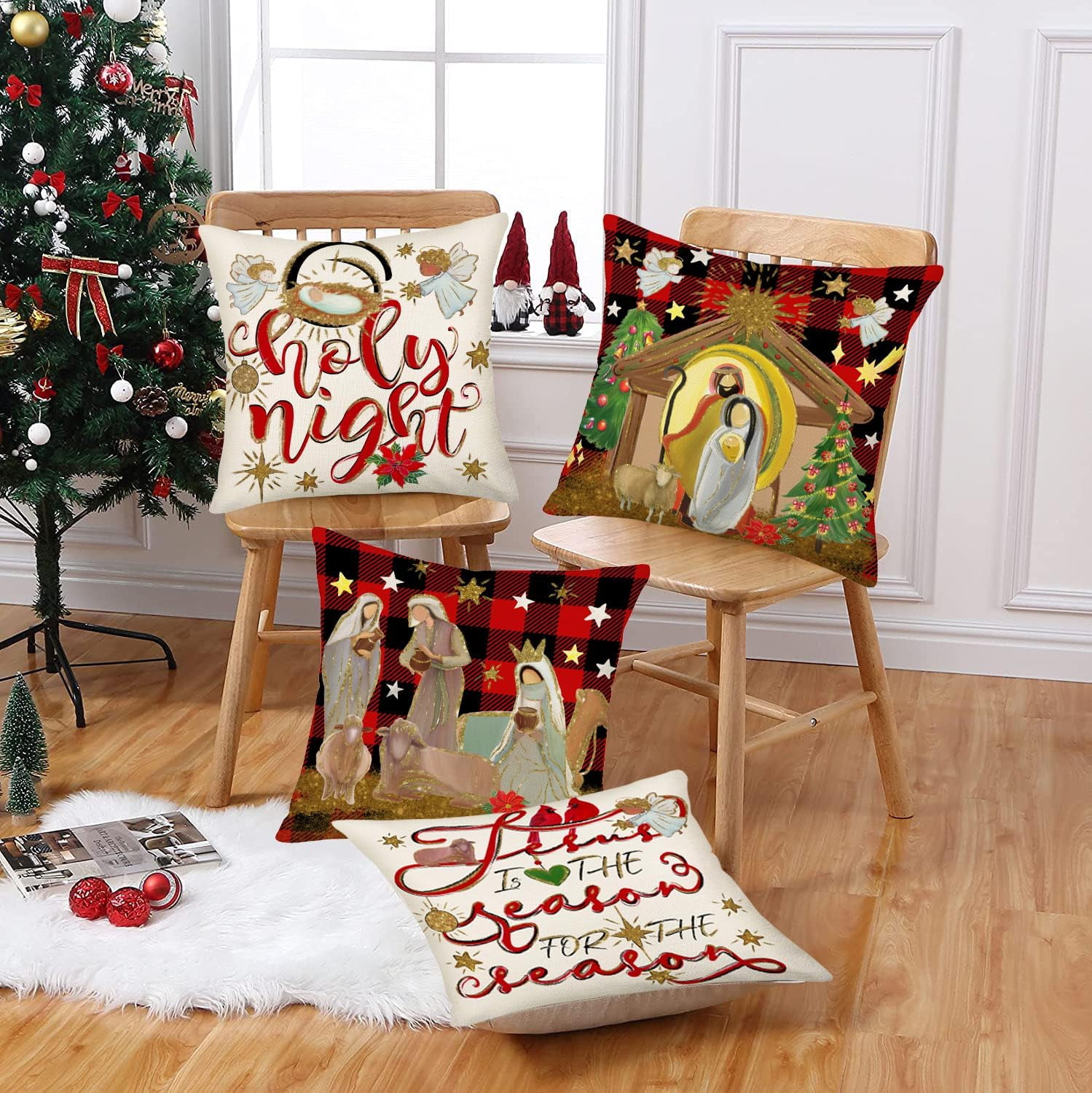 Merry Christmas Pillow Covers 20 x 20 Inch Nativity of Jesus Holy Night Cardinal Red Black Buffalo Plaid Throw Pillow Covers Set of 4 Xmas Tree Flower Saying Winter Holiday Cushion Case Decor