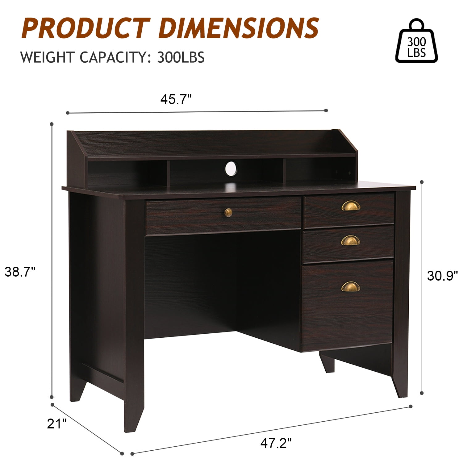 Catrimown Computer Desk, 47.5 in Wood Home Office Desk with Hutch and 4 Drawers, Monitor Stand, Espresso Brown