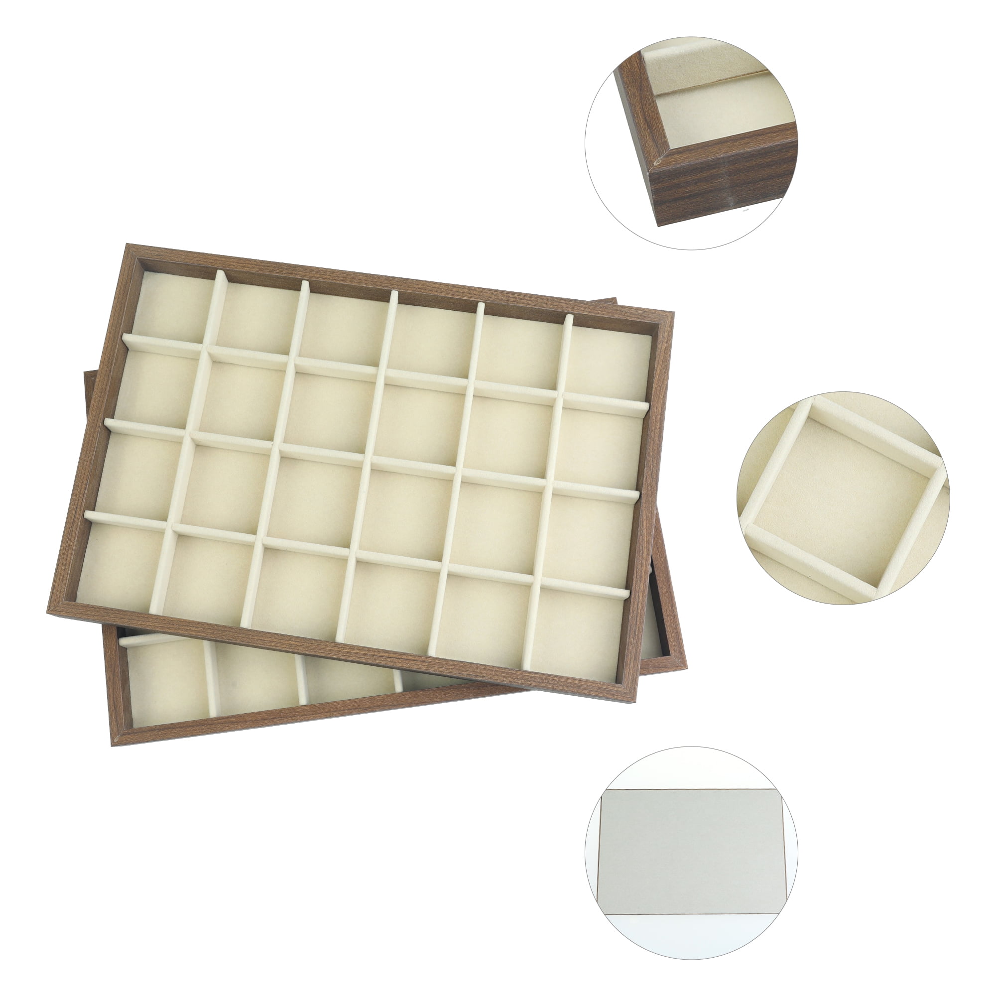 Unique Bargains Set of 2 Stackable Velvet Jewelry Organizer Trays with Removable Dividers Brown-24 Grid Tray