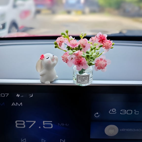 LAMIRO Cute Bunny Flower Car Decor for Women - Dashboard Mirror Ornament Accessories, Kawaii Car Interior Decorations Gifts