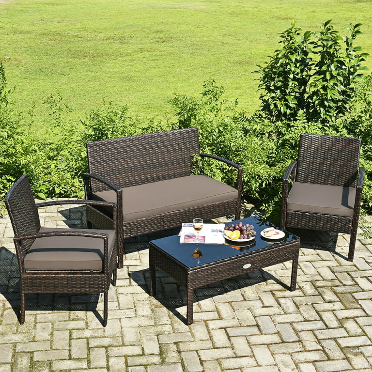 Canyi 4PCS Outdoor Patio Rattan Furniture Set Cushioned Sofa Coffee Table Deck