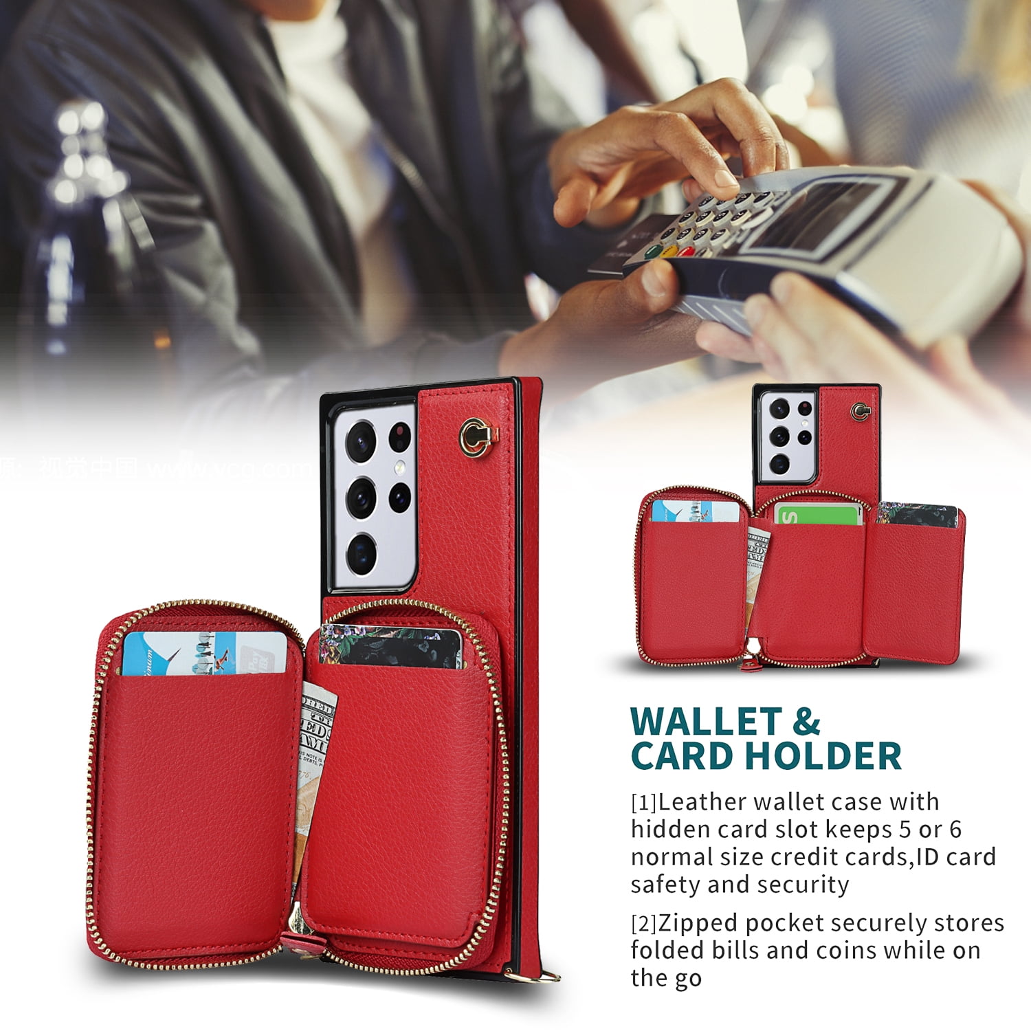 TECH CIRCLE For Galaxy S9 Wallet Case,Card Holder Phone Case for Women, Zipper PU Leather Purse Kickstand Folio Flip Case with Crossbody Strap for Samsung Galaxy S9 5.8" 2018,Red