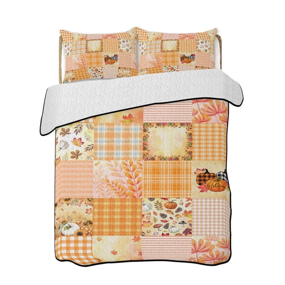 Farmhouse Patchwork Quilts Bedding Set King Size Fall Harvest Pumpkin Maple Leaf Sunflower Plaid Lightweight Quilted Bedspread 3 Piece Bed Quilt with 2 Pillow Shams All Season for Bedroom 90" x 96"