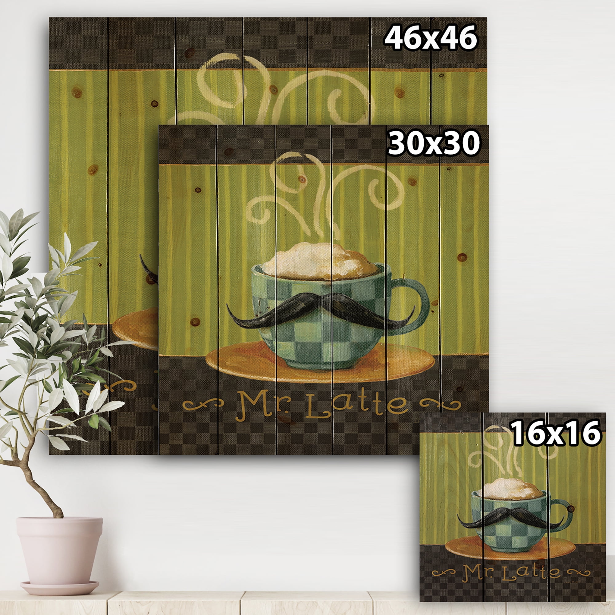 Designart 'Kitchen Cafe Moustache I' Kitchen Print on Natural Pine Wood