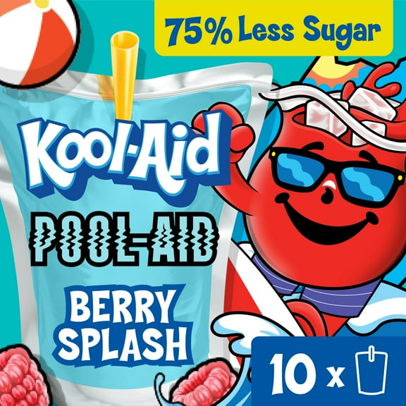 Kool-Aid Pool-Aid Drink, 10 Pouches, for School Lunches and On-the-Go Hydration, Berry Splash Artificially Flavored, Excellent Source of Vitamin C, 6 fl oz