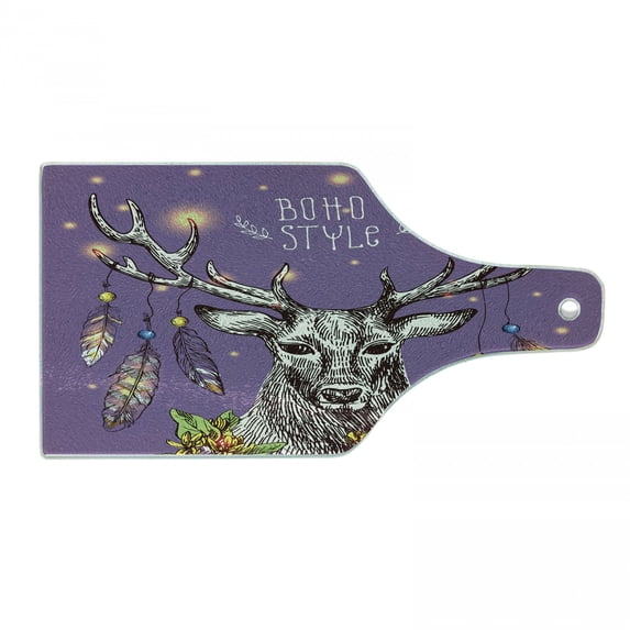 Boho Cutting Board, Boho Hand Drawn Rein Deer with Gypsy Fashioned Elements on Antlers Unique Wild Creature, Tempered Glass Cutting and Serving Board, Wine Bottle Shape, Purple, by Ambesonne