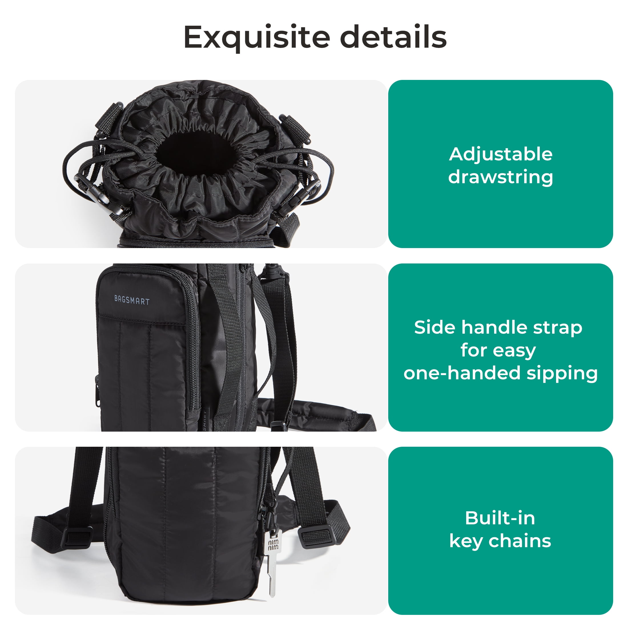 Bagsmart Unisex Expandable Water Bottle Carrier Bag for 32 oz to over 64 oz, Crossbody Water Bottle Holder with Adjustable Shoulder Hand Strap, Black