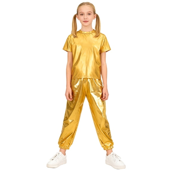 Zaldita Kids Girls Sparkle Hip Hop Jazz Latin Dance Outfit Metallic Short Sleeve T-Shirts Tops with Harem Pants Set Gold 3-4