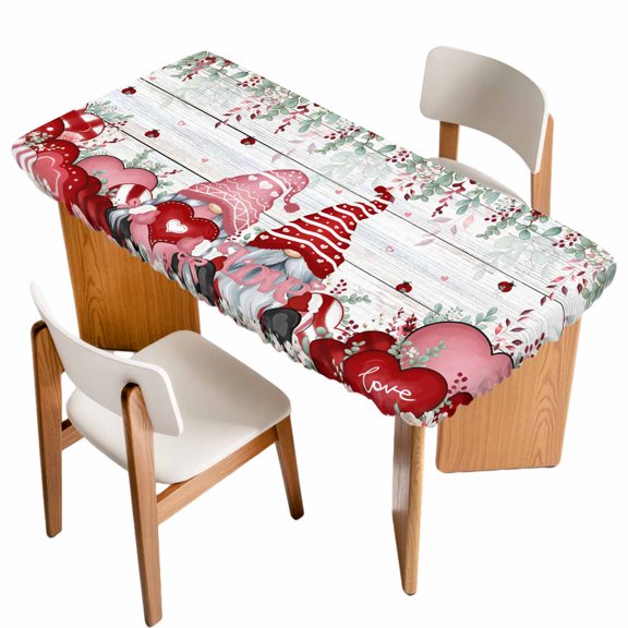 Valentine's Gnomes Table Cloths for 6 Foot Rectangle Tables, Weeping Eucalyptus Pink Red Love Heart Vintage Patio Waterproof Elastic Fitted Tablecloths, Washable Rectangular Table Cover for Camping