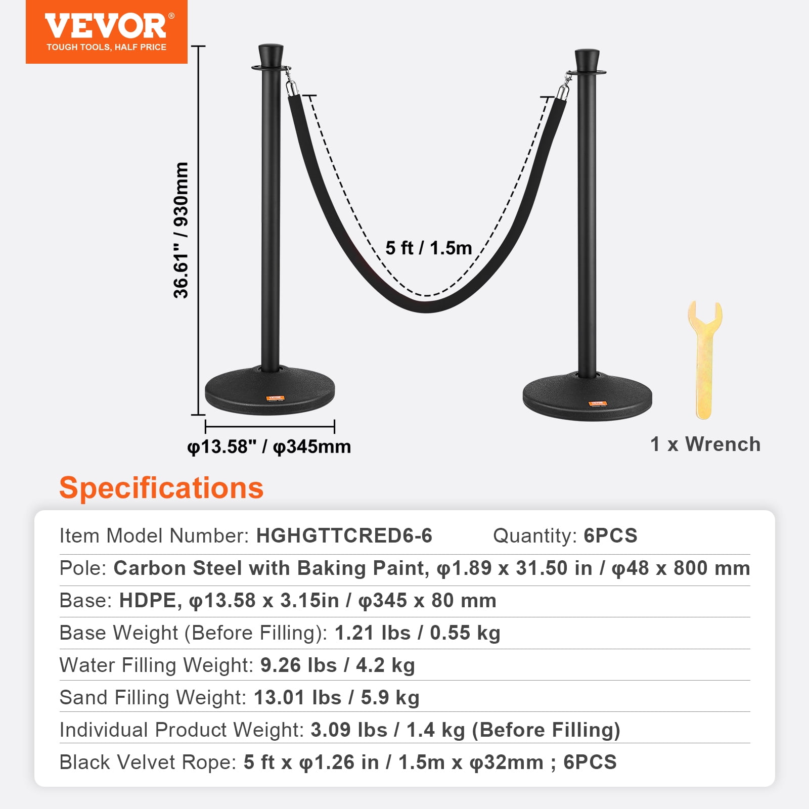 KFFKFF 6-Pack Stanchion Posts with Fillable Base Crowd Barriers Control Stanchions Carbon Steel Queue Pole w/ 6PCS 5FT Velvet Ropes Stanchion Set