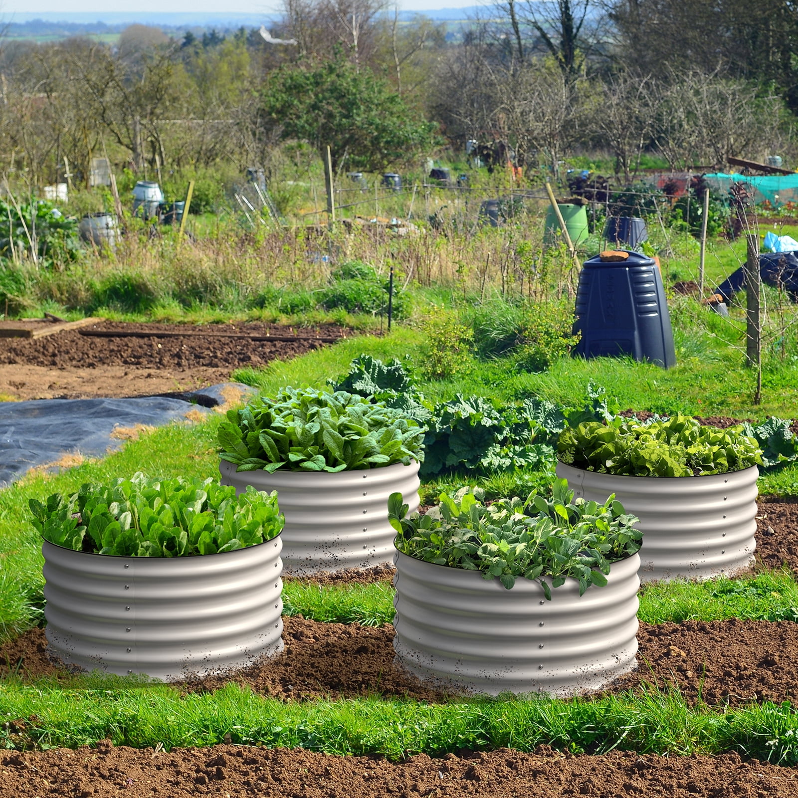 Olle Gardens 17" Tall x 24" Twin Round Pair Raised Garden Beds in Ivory